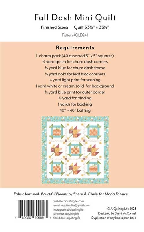 Fall Dash Mini Quilt Pattern, Quilting Life Designs QLD241, Charm Pack Friendly Autumn Fall Churn Dash Pumpkins Leaves Table Quilt Pattern