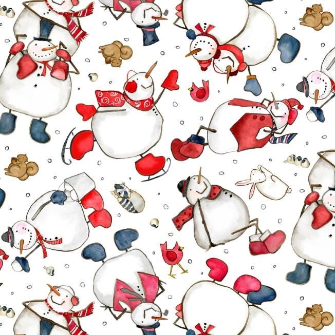 Snow Folks - Tossed Whimsical Snowmen Fabric, Henry Glass 2700-08, Red Gray Christmas Xmas Snow People Fabric, Barb Tourtillotte