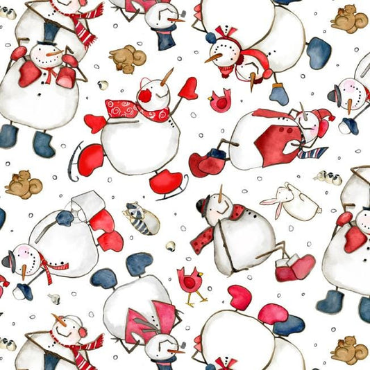 Snow Folks - Tossed Whimsical Snowmen Fabric, Henry Glass 2700-08, Red Gray Christmas Xmas Snow People Fabric, Barb Tourtillotte