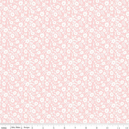 Little Posies - White Flowers on Pink Fabric, Riley Blake C18322-Pink, Pink White Floral Cotton Fabric, Cayla Naylor, By the Yard