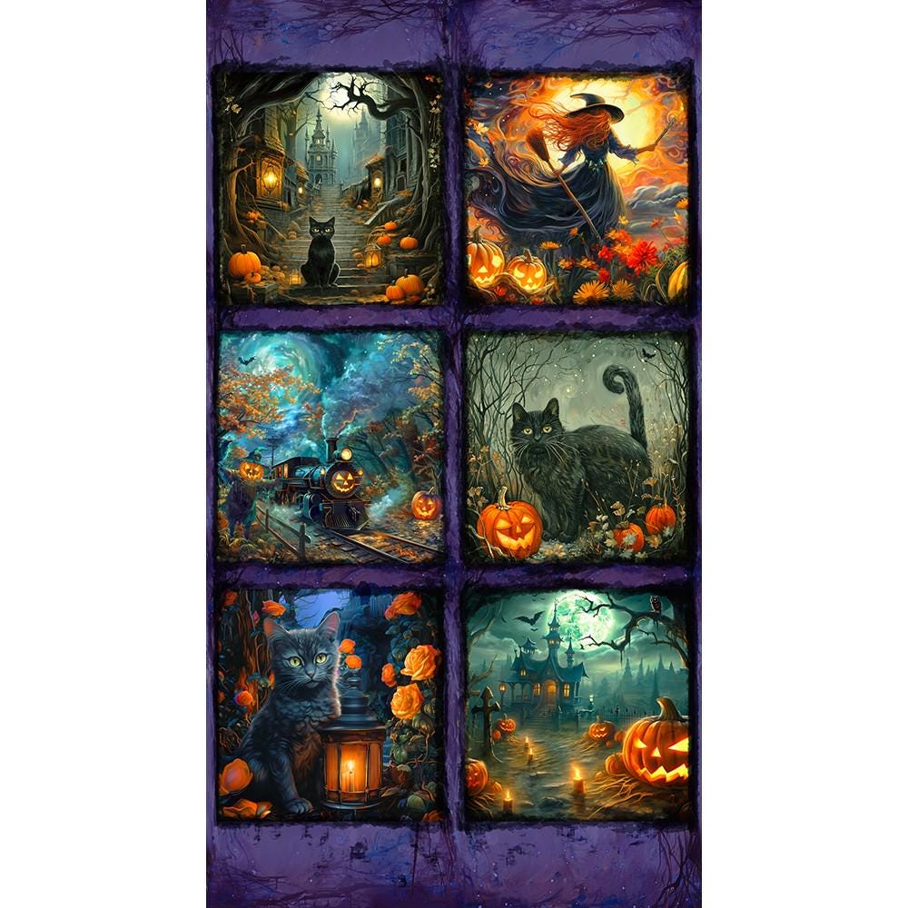 Moon Spell - Halloween Blocks 24" Fabric Panel, Kaufman APYD-23690-438 Night, Black Cat Jack O Lanterns Witch Haunted House Fabric Panel