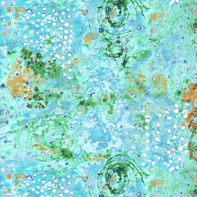 Spotted Graffiti - Blue Turquoise Green Abstract Fabric, Windham Fabric 52814D-4 Seaglass, Aqua Blue Contemporary Cotton Fabric, By the Yard