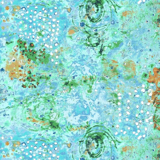 Spotted Graffiti - Blue Turquoise Green Abstract Fabric, Windham Fabric 52814D-4 Seaglass, Aqua Blue Contemporary Cotton Fabric, By the Yard