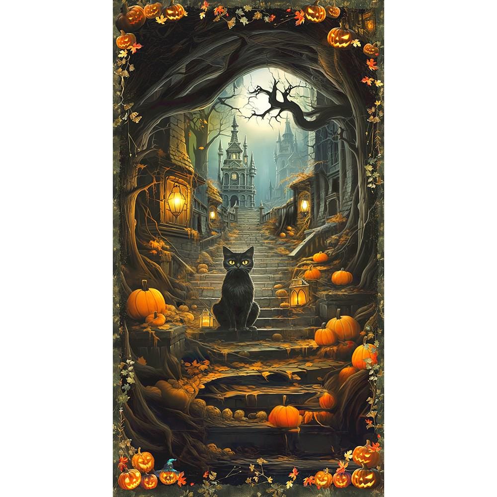 Moon Spell - Halloween Black Cat 24" Fabric Panel, Kaufman APYD-23691-282 Spooky, Black Cat Jack O Lanterns Haunted House Fabric Panel