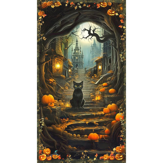 Moon Spell - Halloween Black Cat 24" Fabric Panel, Kaufman APYD-23691-282 Spooky, Black Cat Jack O Lanterns Haunted House Fabric Panel