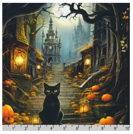 Moon Spell - Halloween Blocks 24" Fabric Panel, Kaufman APYD-23690-438 Night, Black Cat Jack O Lanterns Witch Haunted House Fabric Panel