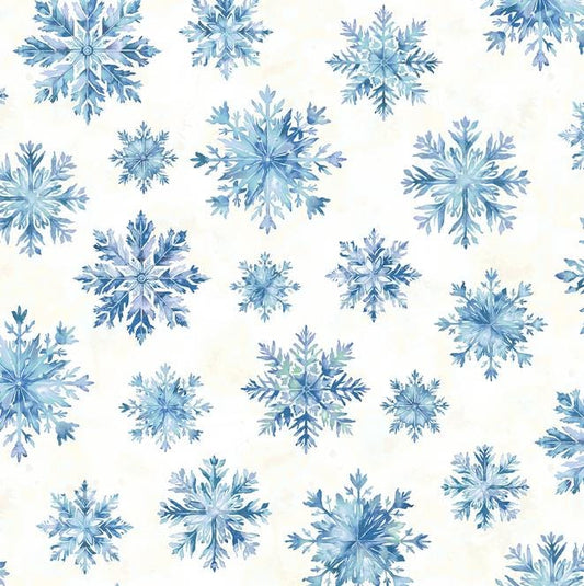 Beyond the Pines- Blue Snowflakes on White Fabric, Henry Glass 3686-11, Blue White Winter Christmas Snowflake Fabric, Color Principle Studio