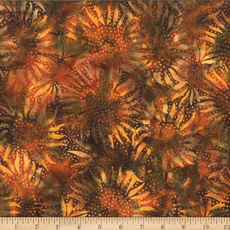 Sunflower Batiks - Brown Rust Tan Floral Batik Fabric, Hoffman 884-154 Teak, Autumn Fall Sunflowers Batik Fabric, By the Yard