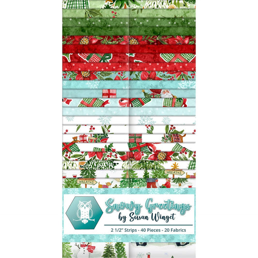 Snowy Greetings 2.5" Strip Pack, White Owl Fabrics Snowy Greetings-2.5, 2.5" Precut Christmas Xmas Santa Fabric Strips, Susan Winget