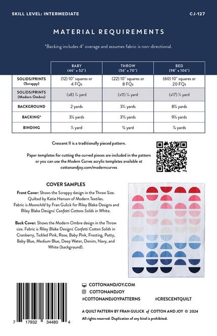 Crescent II Quilt Pattern, Cotton and Joy CJ127, Fat Quarter FQ Layer Cake Friendly Modern Drunkards Path Baby Throw Bed Quilt Pattern