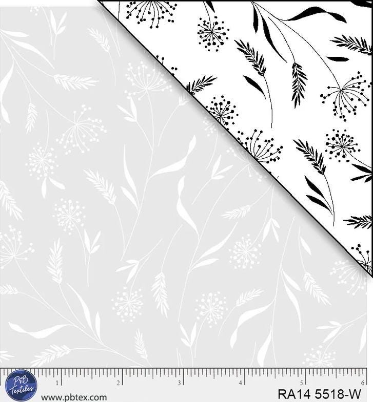 Ramblings - White on White Floral Fabric, P & B Textiles RA14 5518 W Delicate Sprigs, White Tonal Blender Background Fabric, By the Yard