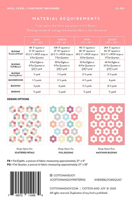 Hexie Blooms Quilt Pattern, Cotton and Joy CJ108, Precut Friendly Modern Grandmother's Flower Garden Baby Throw Twin Queen Bed Quilt Pattern
