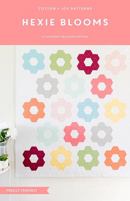 Hexie Blooms Quilt Pattern, Cotton and Joy CJ108, Precut Friendly Modern Grandmother's Flower Garden Baby Throw Twin Queen Bed Quilt Pattern
