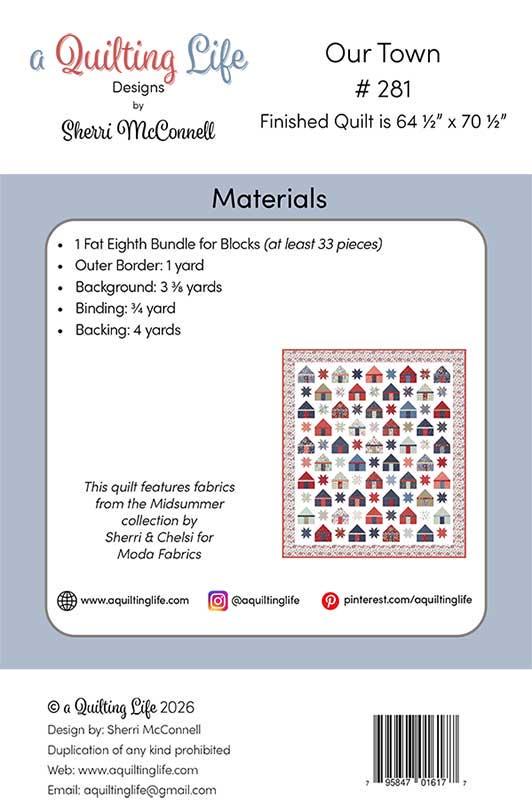 Our Town Quilt Pattern, Quilting Life Designs QLD281, F8 Fat Eighths Friendly Houses Stars Lap Throw Quilt Pattern, Sherri McConnell