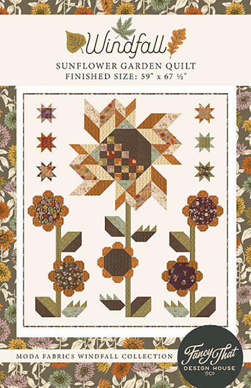 Sunflower Garden Quilt Pattern, Fancy That Design FTD250, Yardage Friendly Fall Autumn Flower Lap Throw Quilt Pattern, Windfall