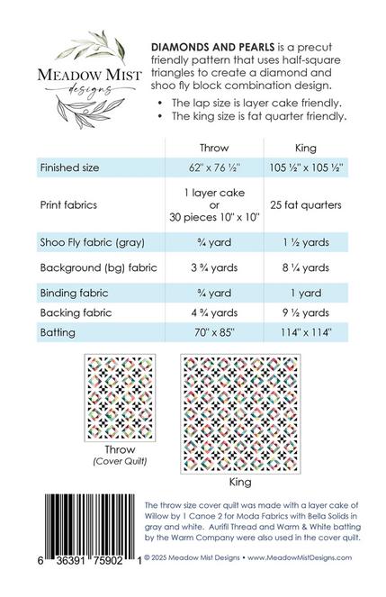 Diamonds and Pearls Quilt Pattern, Meadow Mist Designs MMD1048, Layer Cake Fat Quarter Friendly Throw King Quilt Pattern
