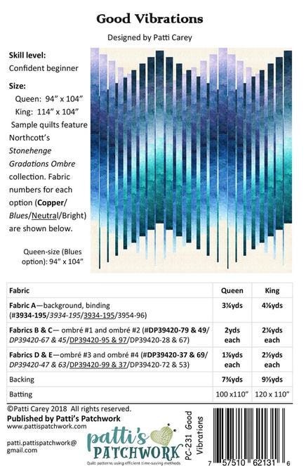 Good Vibrations Quilt Pattern, Patti's Patchwork PC-231 PTN2410, Ombre Friendly Modern Contemporary Queen King Quilt Pattern
