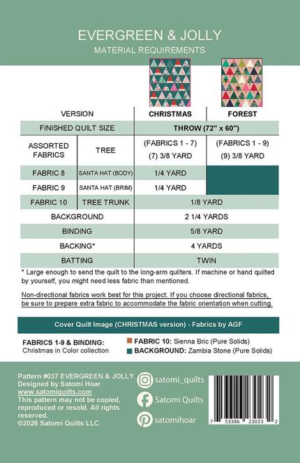 Evergreen and Jolly Quilt Pattern, Satomi Quilts SQ037, Yardage Friendly Abstract Santa Christmas Xmas Trees Forest Throw Quilt Pattern