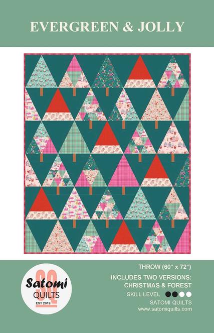 Evergreen and Jolly Quilt Pattern, Satomi Quilts SQ037, Yardage Friendly Abstract Santa Christmas Xmas Trees Forest Throw Quilt Pattern