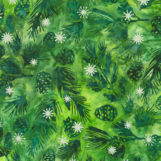 Artisan Batiks Evergreen Ice - Green Pinecones Branches Silver Snowflakes Fabric, Kaufman SRKM-23964-274 Pine, Christmas Fabric, By the Yard