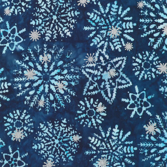 Artisan Batiks Evergreen Ice - Light Blue Silver Snowflakes on Navy Fabric, Kaufman SRKM-23962-4 Blue, Winter Christmas Fabric, By the Yard