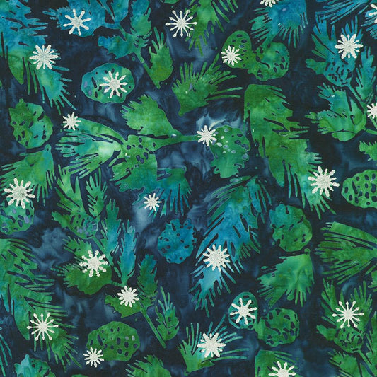 Artisan Batiks Evergreen Ice - Green Pinecones Branches Silver Snowflakes on Navy Blue Fabric, Kaufman SRKM-23964-69 Midnight, By the Yard