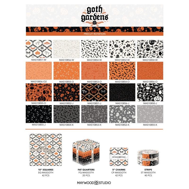Goth Gardens 2.5" Strips, Maywood Studio ST-MASGOTH, 2.5" Precut Halloween Black Orange Gray White Pumpkins Skeletons Bats Fabric Strips
