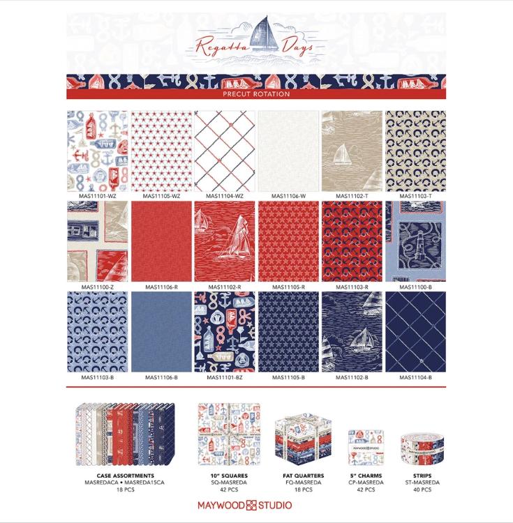 Regatta Days 5" Charm Pack, Maywood Studio CP-MASREDA, 5" Precut Red White Blue Tan Nautical Sailboats Quilt Fabric Squares