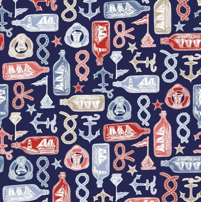 Regatta Days 5" Charm Pack, Maywood Studio CP-MASREDA, 5" Precut Red White Blue Tan Nautical Sailboats Quilt Fabric Squares