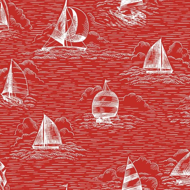 Regatta Days 5" Charm Pack, Maywood Studio CP-MASREDA, 5" Precut Red White Blue Tan Nautical Sailboats Quilt Fabric Squares