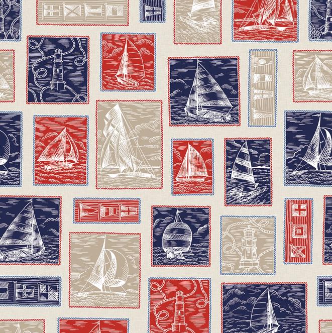 Regatta Days 5" Charm Pack, Maywood Studio CP-MASREDA, 5" Precut Red White Blue Tan Nautical Sailboats Quilt Fabric Squares