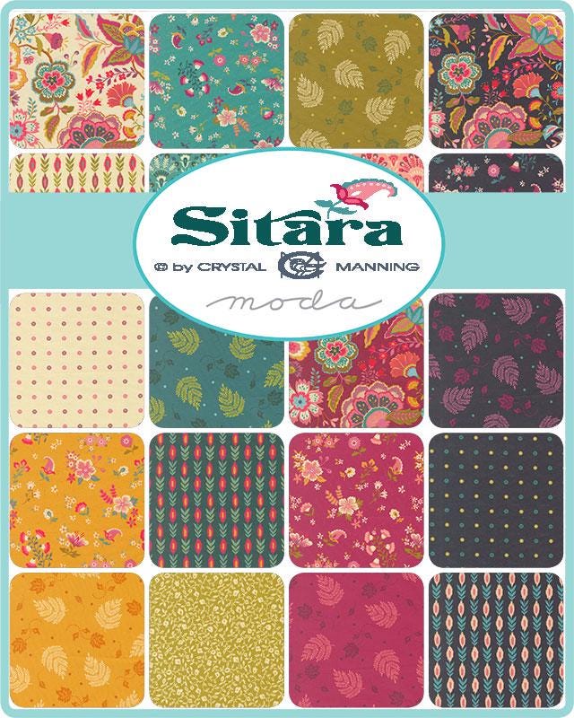 Sitara 5" Charm Pack, Moda 11980PP, Pink Teal Green Floral Charm Pack Fabric, 5" Precut Fabric Squares, Crystal Manning