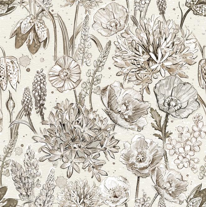 Botanical Sketchbook 10" Squares, White Owl Fabrics BOTANICALSKETCHBK-10, Precut 10" Cream Taupe Black Floral Quilt Fabric Squares