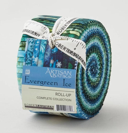Artisan Batiks - Evergreen Ice 2.5" Roll Up, Robert Kaufman RU-1389-40, Precut 2.5" Blue Green Silver Winter Batik Jelly Roll Fabric Strips