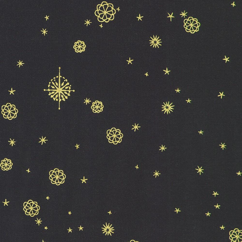 Star of Wonder - Gold Metallic Stars on Black Fabric, Robert Kaufman RRMDM-23731-69 Midnight, Reuben McHugh, By the Yard