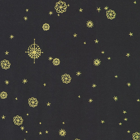 Star of Wonder - Gold Metallic Stars on Black Fabric, Robert Kaufman RRMDM-23731-69 Midnight, Reuben McHugh, By the Yard