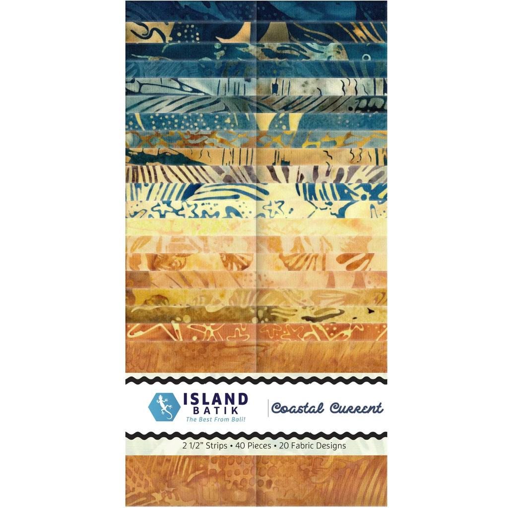 Coastal Current Strip Pack, Island Batik, Precut 2.5" Tan Blue Brown Sailboats Shells Fish Coastal Batik Fabric Strip Roll