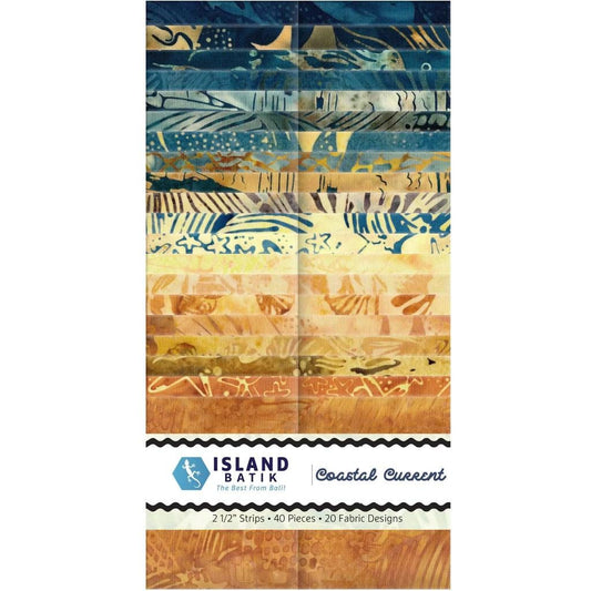Coastal Current Strip Pack, Island Batik, Precut 2.5" Tan Blue Brown Sailboats Shells Fish Coastal Batik Fabric Strip Roll