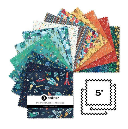 Orbit 5" Charm Pack, Andover 5-ORBIT-42, 5" Precut Space Rockets Stars Blue Green Yellow Orange Fabric Squares