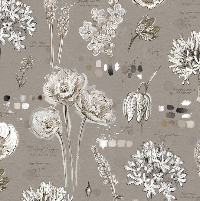 Botanical Sketchbook 2.5" Strip Pack, White Owl Fabrics BOTANICALSKETCHBK-25, 2.5" Precut Cream Taupe Floral Fabric Strips, Chad Barrett