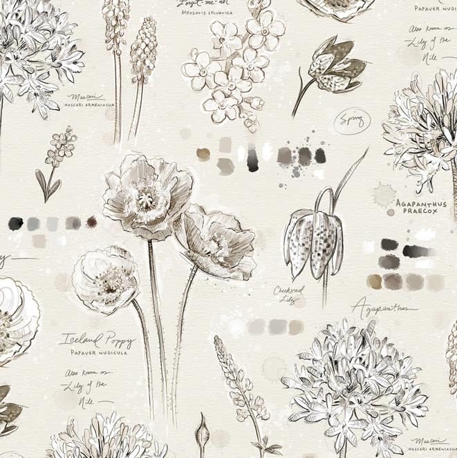 Botanical Sketchbook 2.5" Strip Pack, White Owl Fabrics BOTANICALSKETCHBK-25, 2.5" Precut Cream Taupe Floral Fabric Strips, Chad Barrett