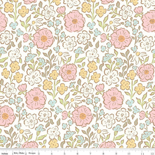 Little Posies - Pastel Flowers on Cream Fabric, Riley Blake C18320-Cloud, Pink Blue Yellow Floral Fabric, Cayla Naylor, By the Yard