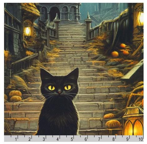 Moon Spell - Halloween Black Cat 24" Fabric Panel, Kaufman APYD-23691-282 Spooky, Black Cat Jack O Lanterns Haunted House Fabric Panel