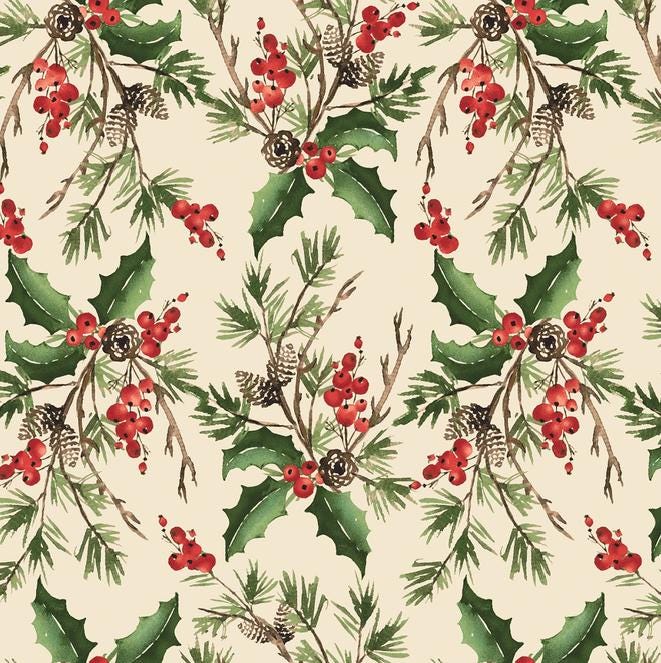 108" Berry Chic - Christmas Holly Pine Berries on Ecru Wide Quilt Back Fabric, Henry Glass 1883-44, Christmas Xmas 108" Fabric, By the Yard