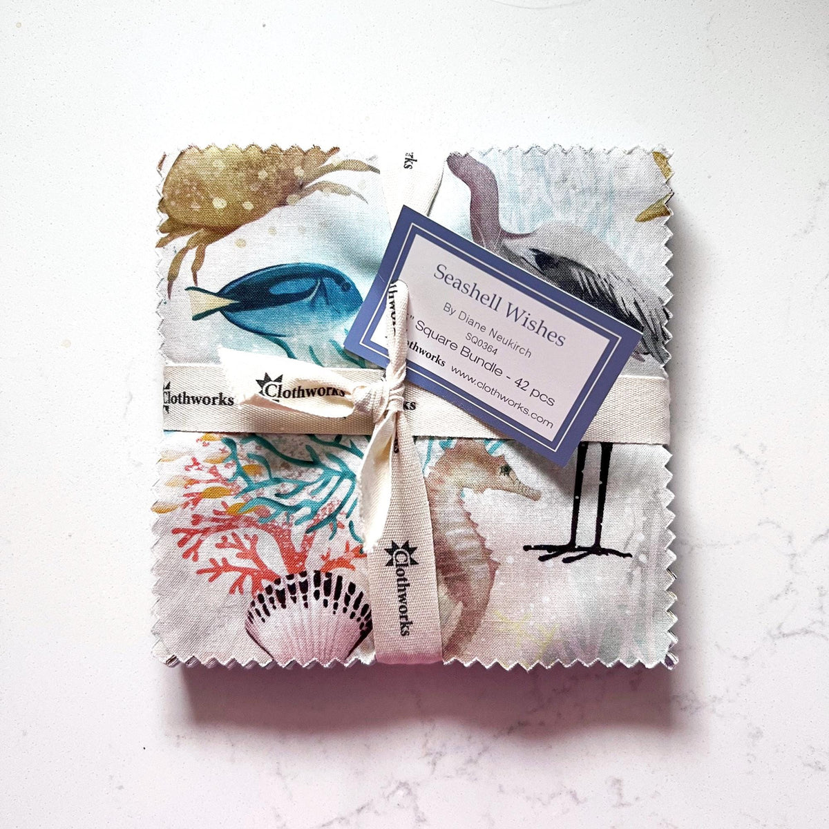 Seashell Wishes 5" Charm Pack OOP, Clothworks SQ0364, Beach Nautical Ocean Life Charm Pack Fabric, 5" Precut Fabric Squares, Teresa Magnuson