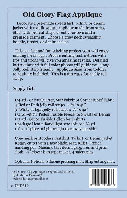 Old Glory US Flag Applique Quilted Sweatshirt Pattern, Joyce Minnis JMD-219, Quilted Applique Sweatshirt Hoodie Pattern