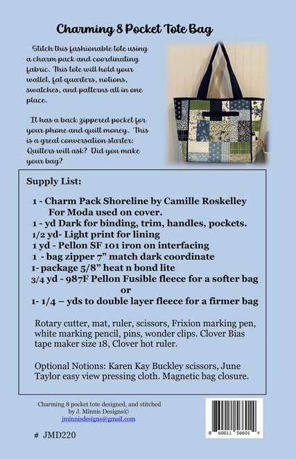 Charming 8 Pocket Tote Bag Quilt Pattern, Joyce Minnis JMD-220, Charm Pack Friendly Tote Bag Quilt Pattern
