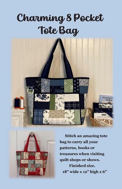 Charming 8 Pocket Tote Bag Quilt Pattern, Joyce Minnis JMD-220, Charm Pack Friendly Tote Bag Quilt Pattern