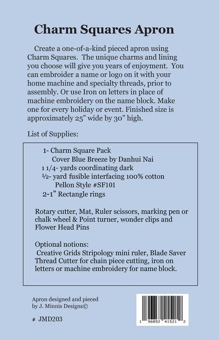 Charm Squares Apron Pattern, Joyce Minnis JMD-203, Precut 5" Charm Pack Friendly Adult Apron Pattern