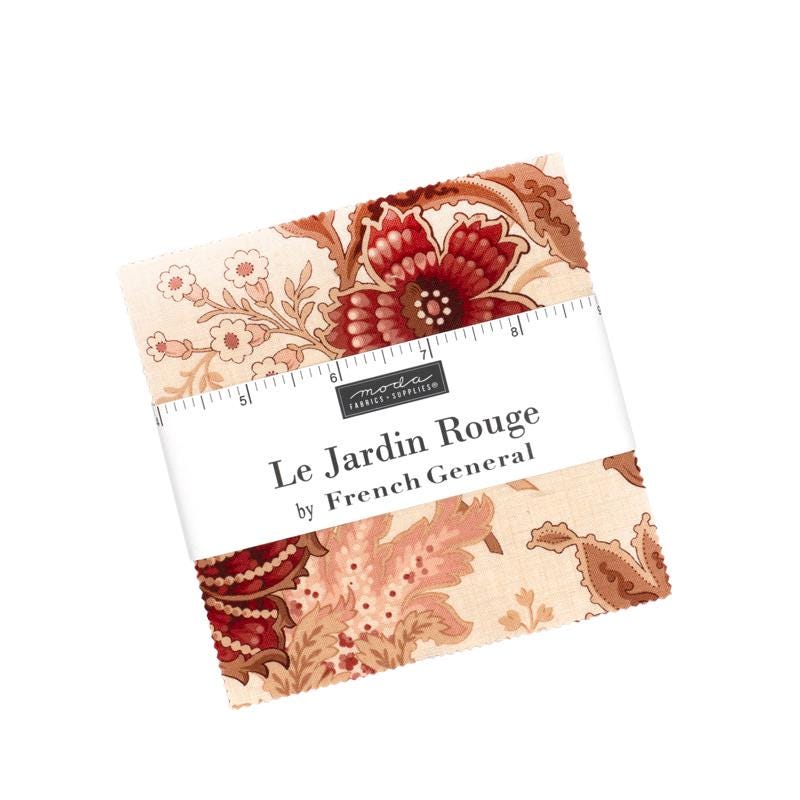 Le Jardin Rouge 5" Charm Pack, Moda 36150PP, 5" Precut Red Pink Beige Tan Green Cream Floral Charm Pack Fabric Squares, French General